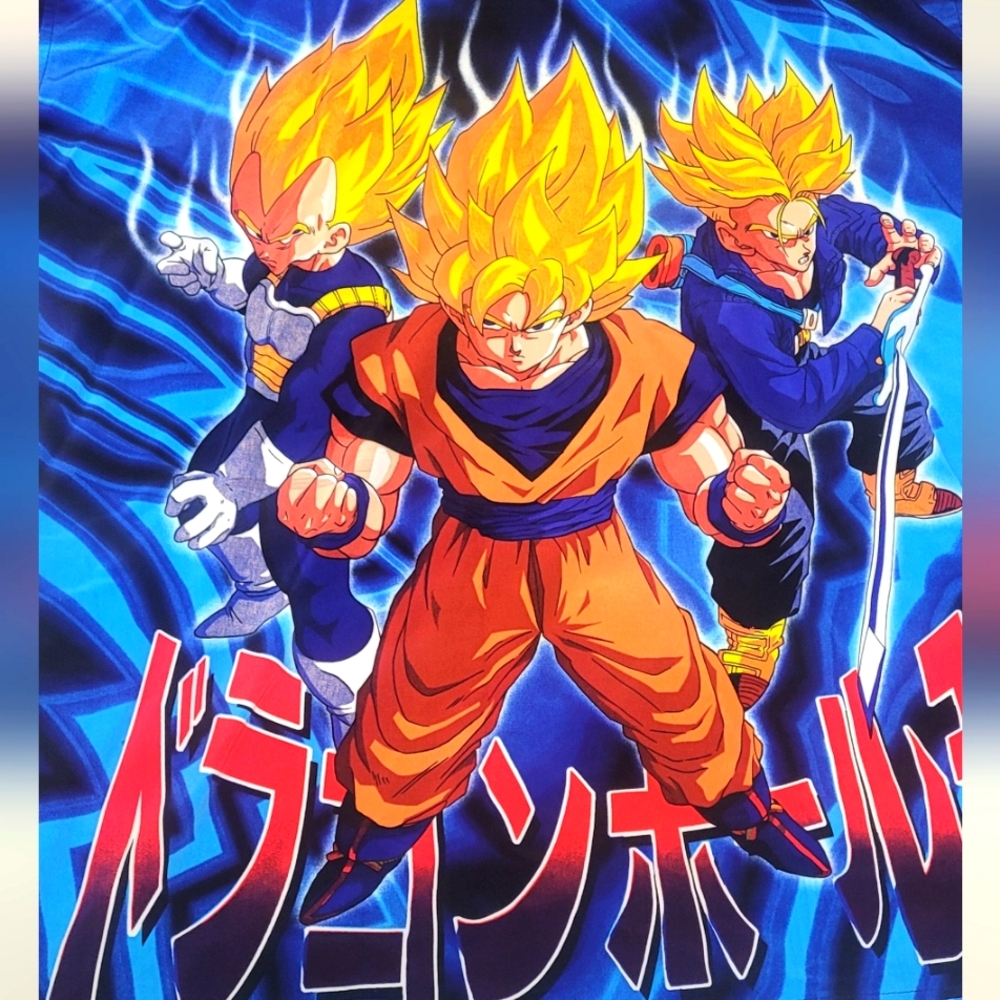 2001 2XL Short Sleeve Button-up Blue Dragon Ball Z Super Saiyans Goku Shirt